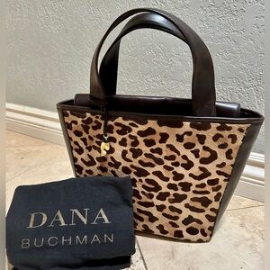 Dana Buchman Leather w/Leopard Pony Fur Tote & Gold Details
